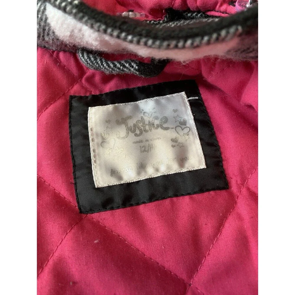 Justice Girl 12/14 Black White Plaid Coat With Faux Fur Trim Hood